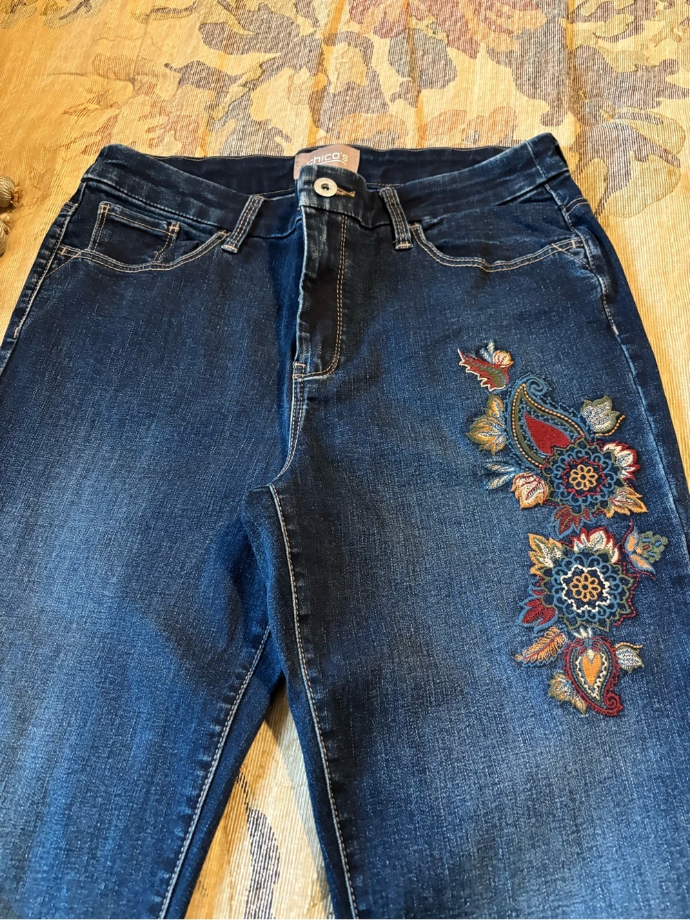 Chico's Dark Blue Skinny Jeans with Multicolor Floral Embroidery